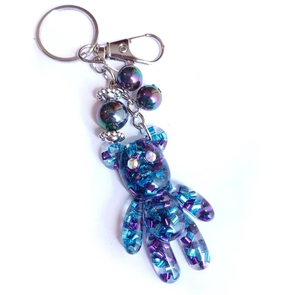Confetti teddy bear keychain bag purse charm blue purple with rainbow beads new - Picture 6 of 6